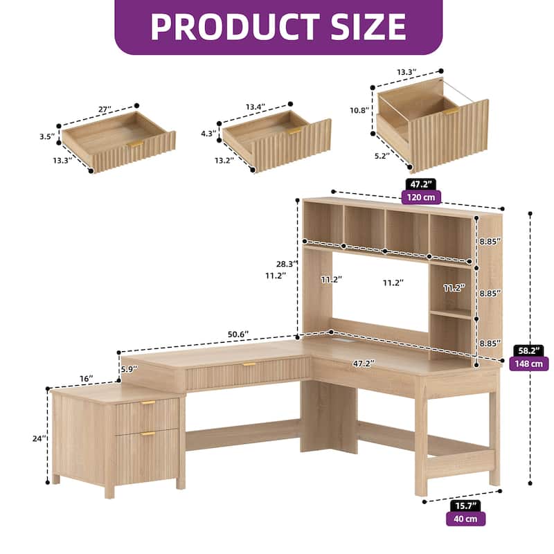 Moasis Modern L Shaped Computer Desk with Hutch and Drawers LED Office Desk w/Power Outlets