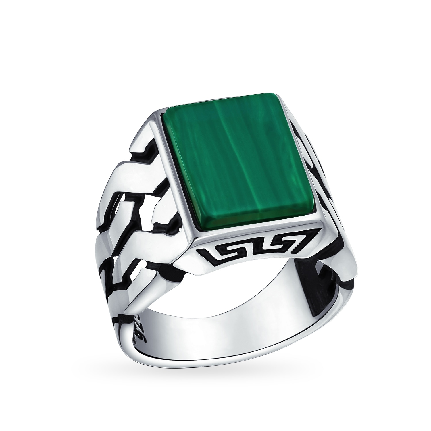 Mens Ring Green EMERALD with 2 Black Onyx Accents in SOLID 925 Sterling Silver Mens Ring Green EMERALD with 2 Black Onyx Accents in SOLID 925 Sterling Silver