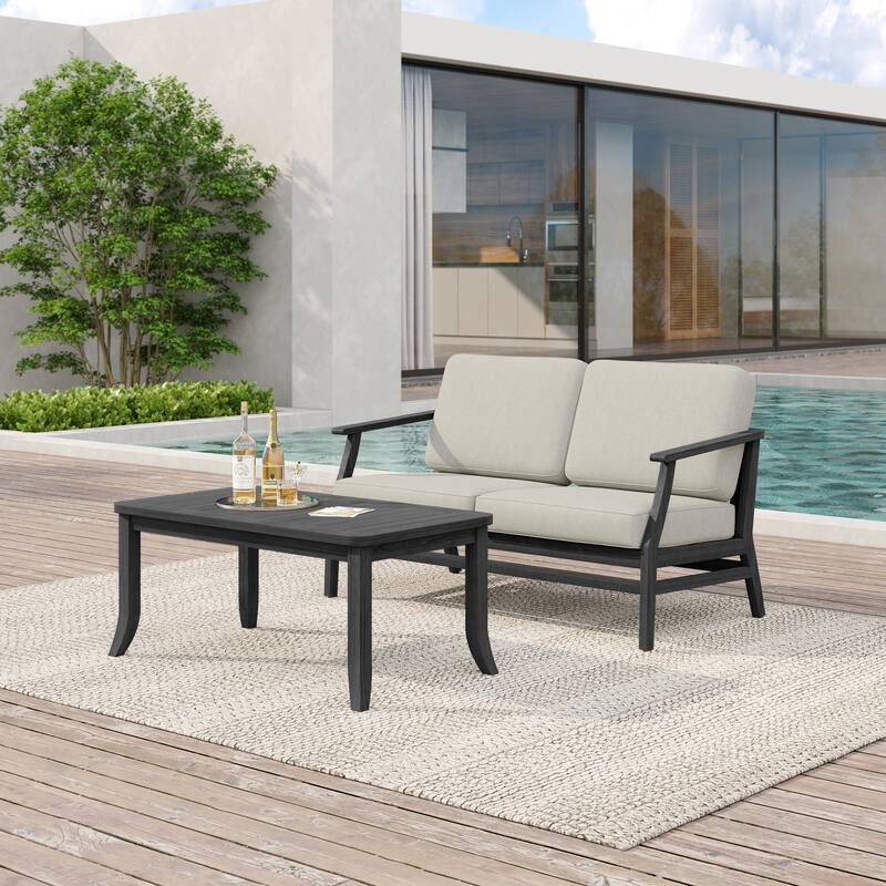 Teak Wood Patio Outdoor Loveseat Sofa and Coffee Table Set