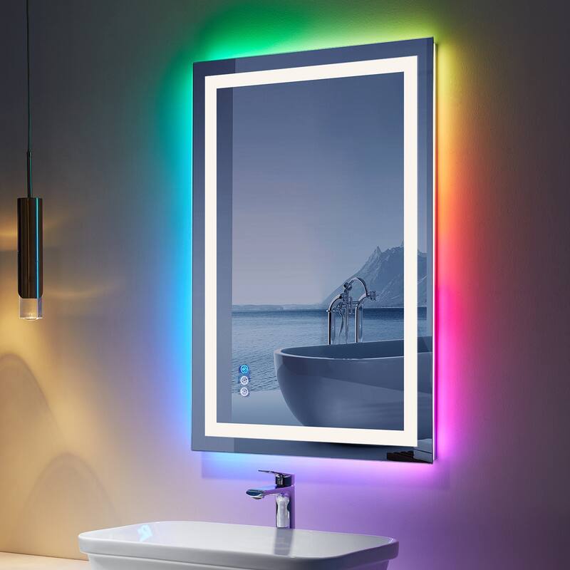 Super Bright RGB Backlit & LED Frontlit Anti-Fog Bathroom Vanity Mirror in Tempered Glass & ETL - 36" x 24"