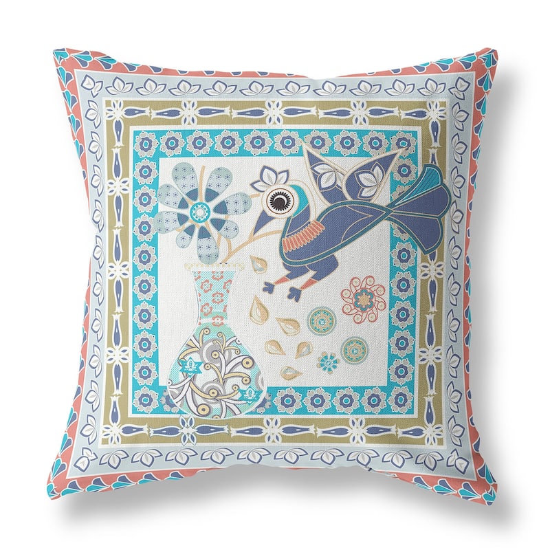 HomeRoots 26" x 26" Light Green Peacock Blown Seam Floral Indoor Outdoor Throw Pillow - 26.00' X '5.00' X '26.00