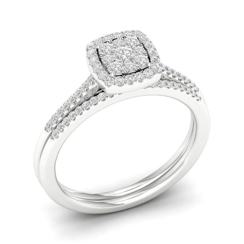 1/4ct TDW Diamond Cluster Halo Bridal Ring Set in Silver for Women