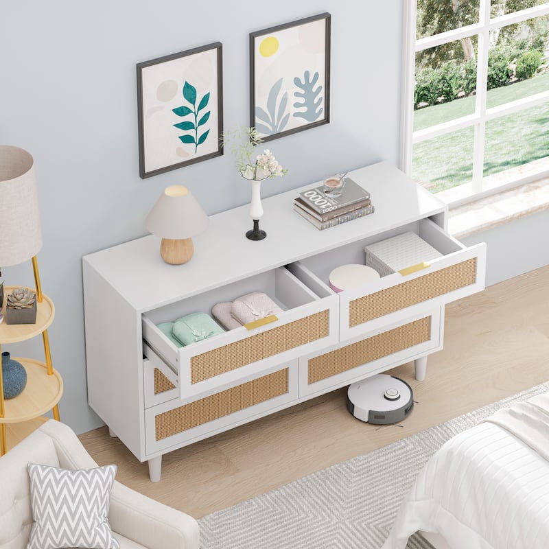 51.18"6-Drawers Rattan Storage Cabinet Rattan Drawer - White