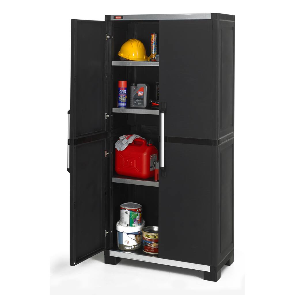 Keter XL Pro Tall Garage Storage Cabinet and Tool Organizer with Lockable Double Doors and Shelves, Black