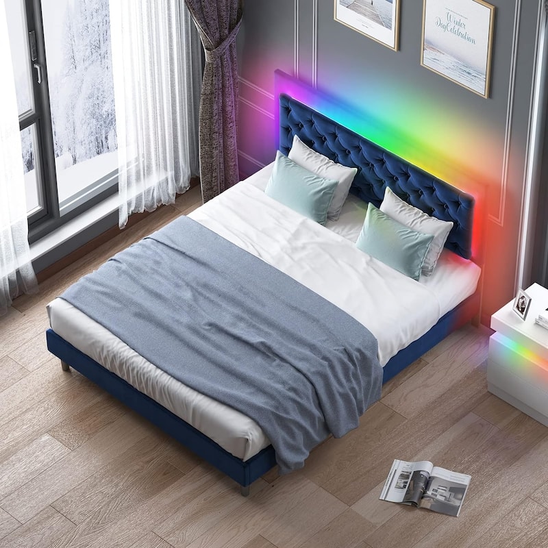Mixoy Velveteen RGB LED Bed Frame with Button Tufted Adjustable Headboard