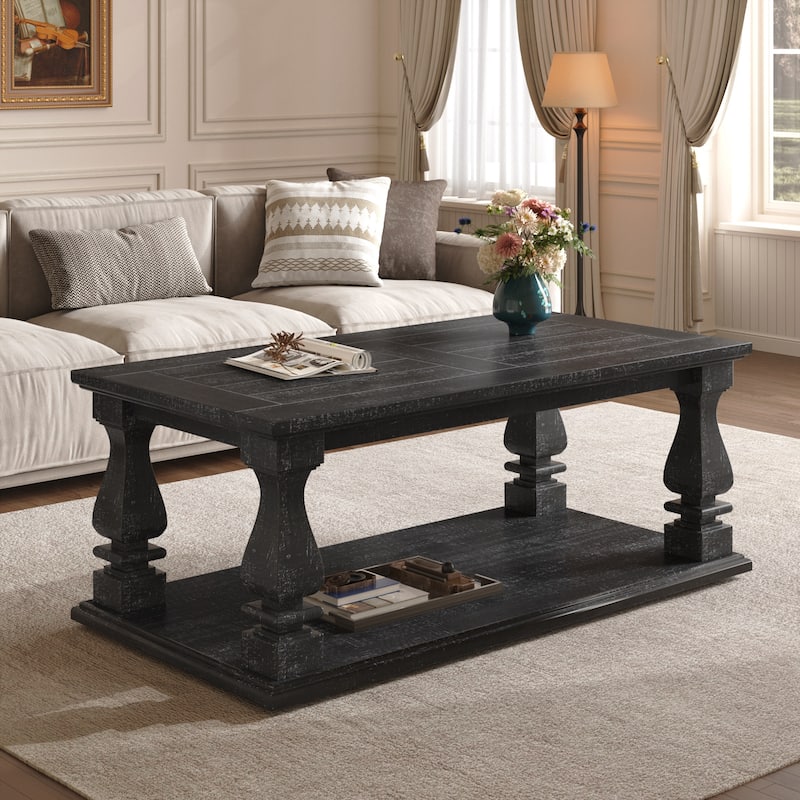 Farmhouse Coffee Table, Crafted with Heavy Planked Top & Square Baluster Legs