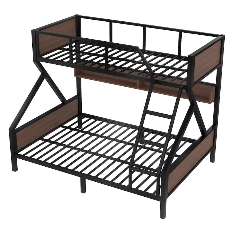 Twin XL over Queen Bunk Bed, Metal Bunk Bed with Storage Shelves and Lights, Space-saving & Noise-free Design, Black