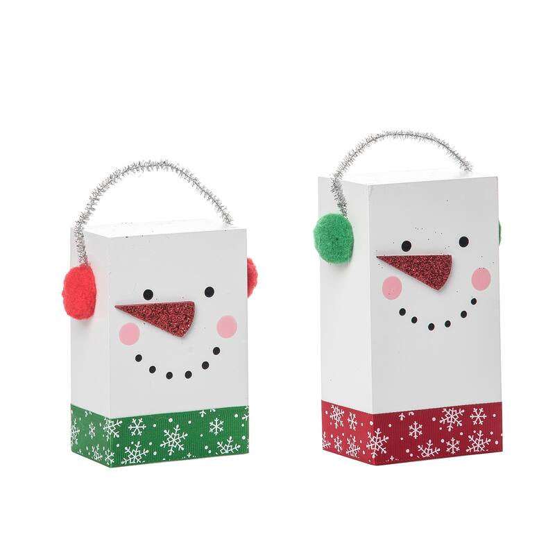 Transpac Wood 5.51 in. White Christmas Snowman Block Decor Set of 2