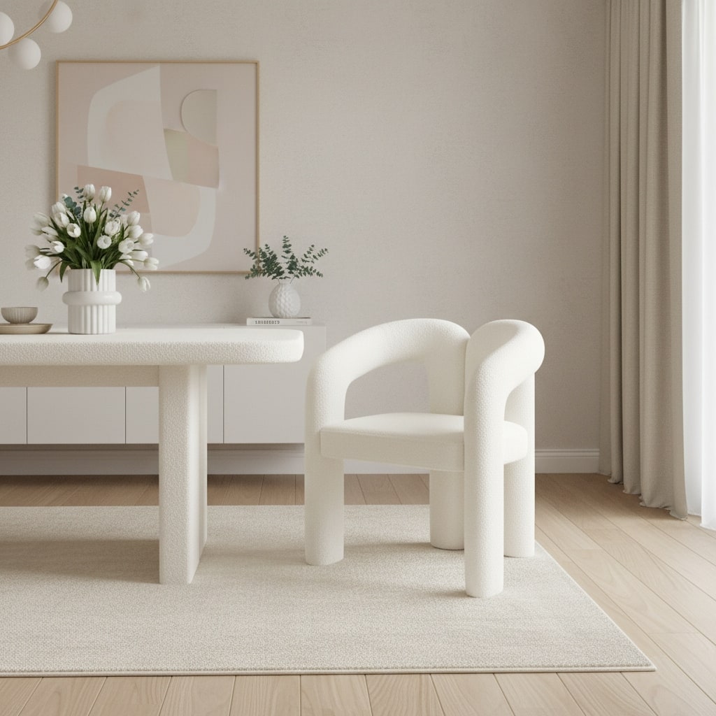 HomeRoots White Boucle Partially Open Back Dining Arm Chair - 25.00 in. x 30.00 in. x 23.00 in.