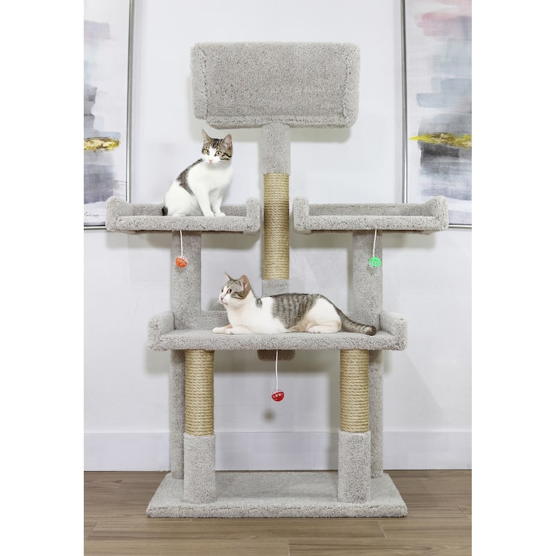 56" Extra Large Multi-Level Cat Tree Tower with Spacious Perches, Raised Edges and Thick Sisal Rope Posts for Big Cats