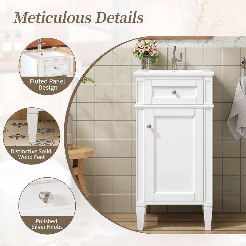 16 Inch Bathroom Vanity with Ceramic Sink, Freestanding Single Vanity, Soft Close Door, French Style Solid Wood Legs