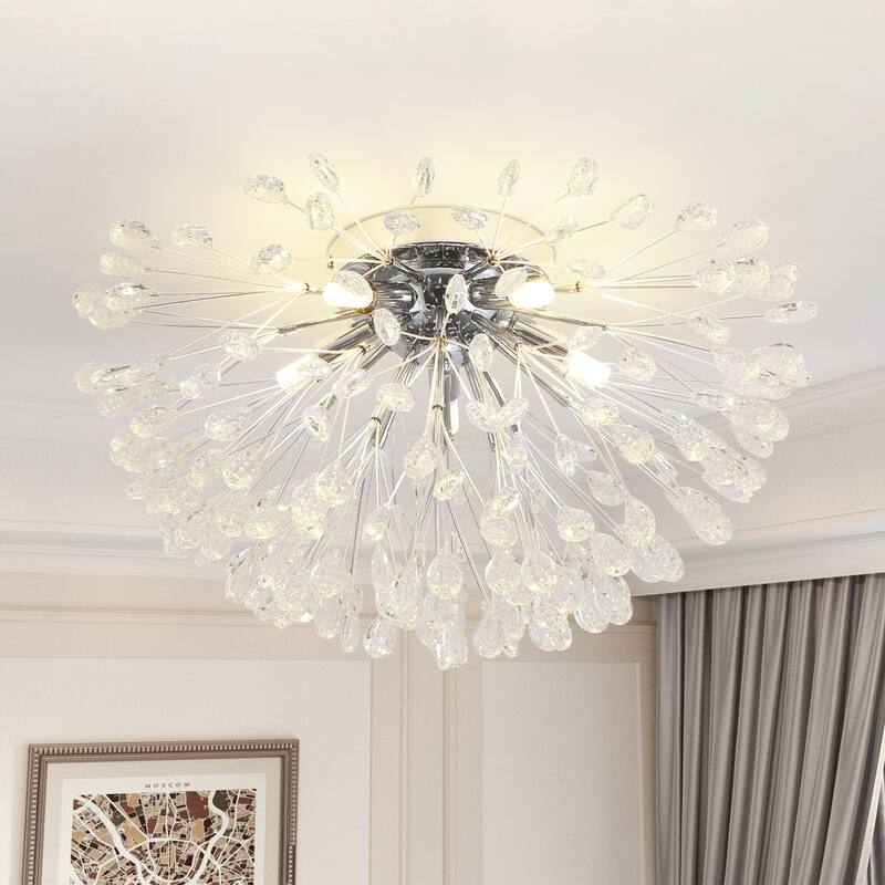 5-Light Modern Sputnik Starburst Crystal Semi-Flush Mount Light - Chrome