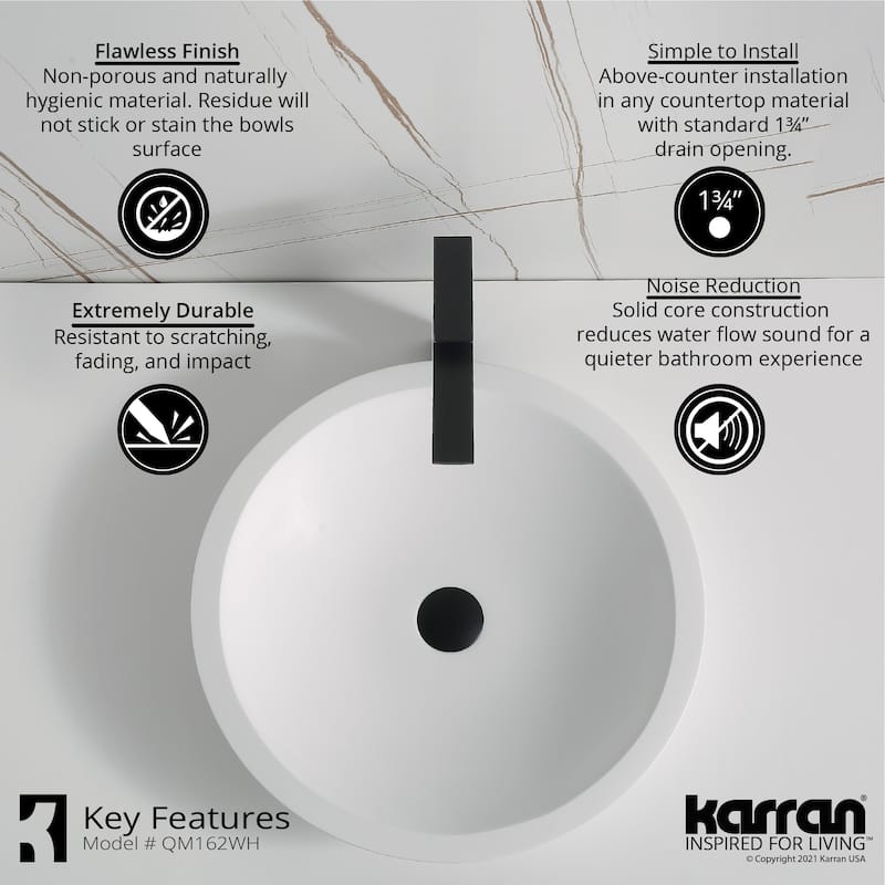 Karran Quattro Matte White Acrylic 19 in. Round Bathroom Vessel Sink with Faucet and drain in Matte Black
