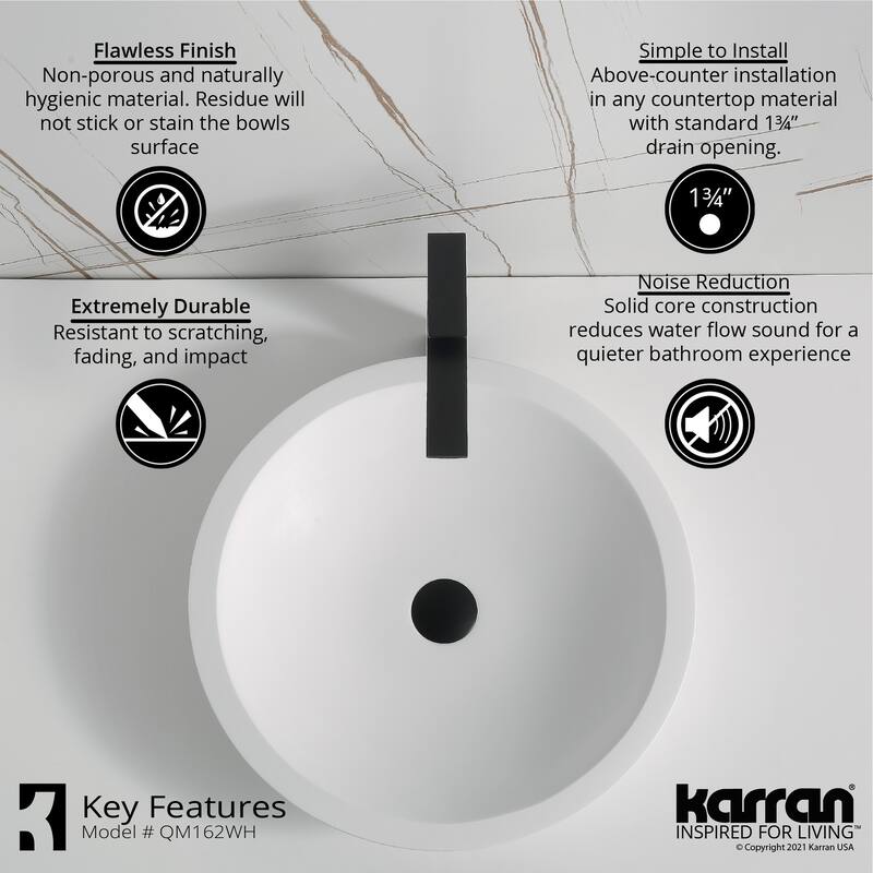Karran Quattro Matte White Acrylic 19 in. Round Bathroom Vessel Sink with Faucet and drain in Stainless Steel