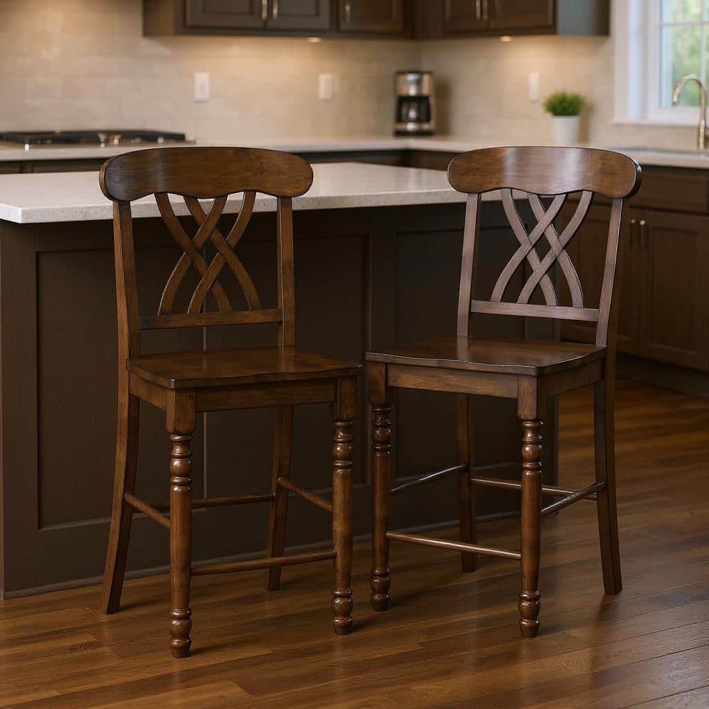 HomeRoots Set of Two 24" Walnut Solid Wood Counter Height Bar Chairs