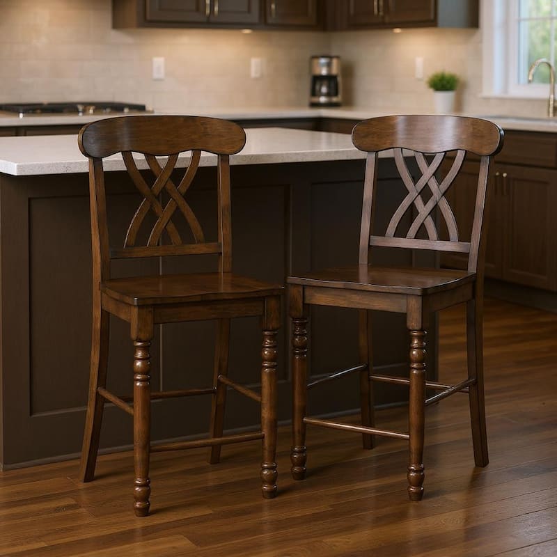 HomeRoots Set of Two 24" Walnut Solid Wood Counter Height Bar Chairs - Counter Height - Walnut - Set of 2