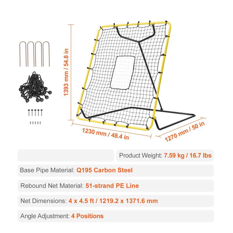 4x4.5 Feet Baseball and Softball Rebounder Net Pitch with Back Adjustable Angles