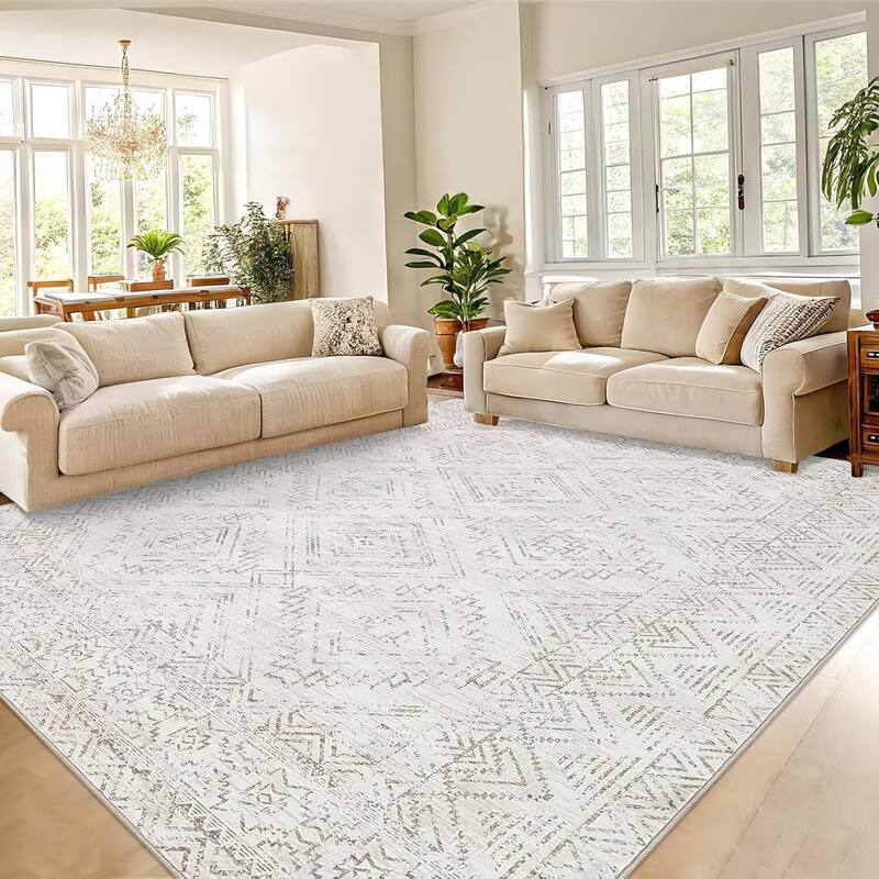 Vintage Geometric Living Room Rug Washable Indoor Bedroom Rugs Non Slip Low Pile Area Rug - 4'x6' - Cream