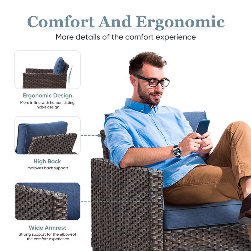 9 Pieces Patio Sofa Set with Fire Pit Table - Blue cushion - Brown