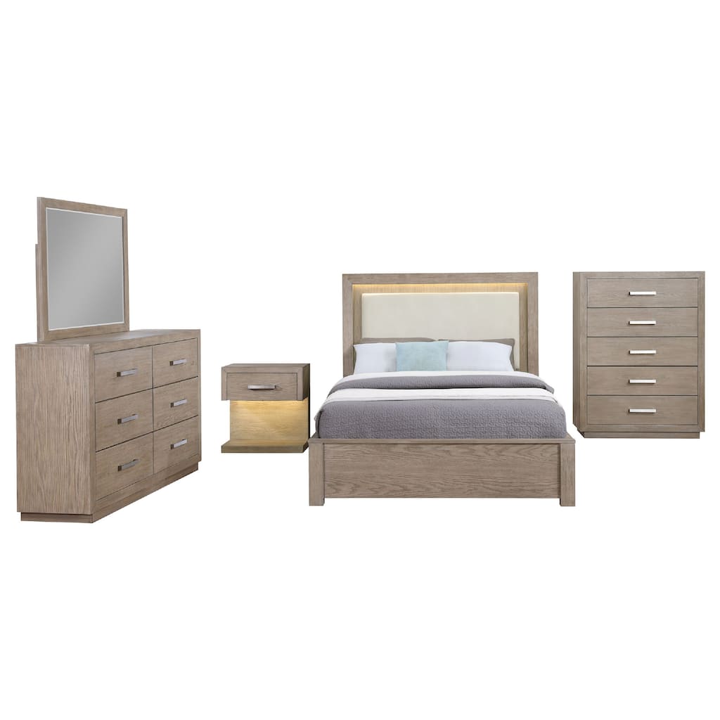 Keno 5pc Queen Bedroom Set, Underbed Storage, LED, Beige Upholstered