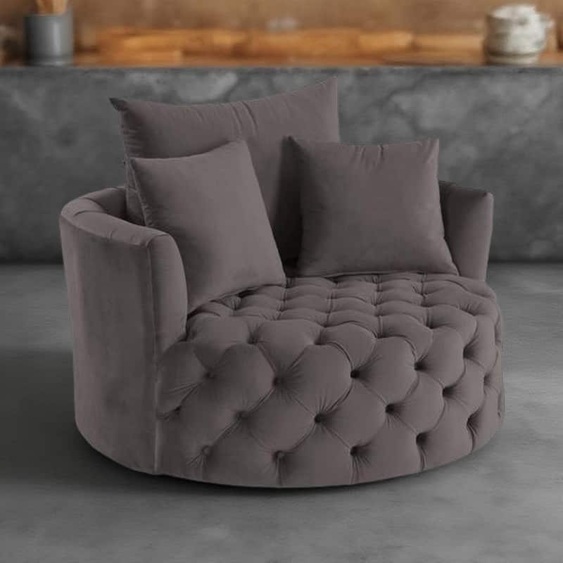 Swivel Accent Chair with Curved Design and Button Tufting, Dark Gray