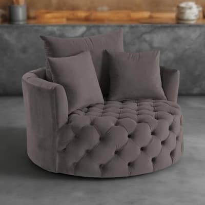 Swivel Accent Chair with Curved Design and Button Tufting, Dark Gray