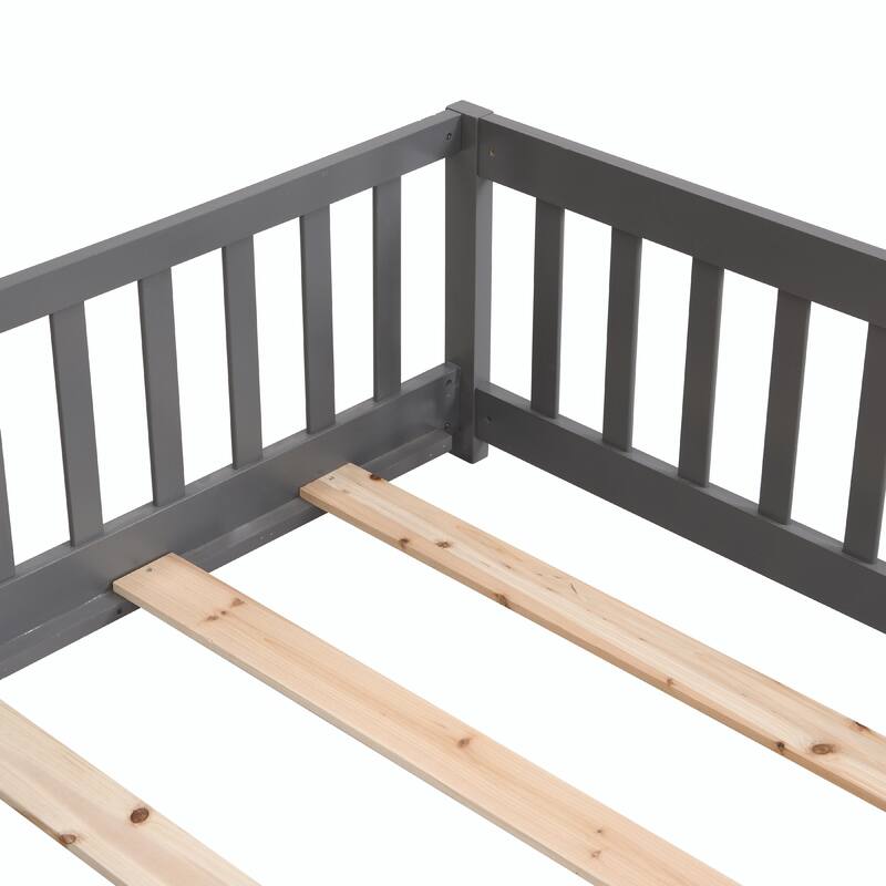 Solid Wood Platform Bed Frame with Floor Bed Design and Fence