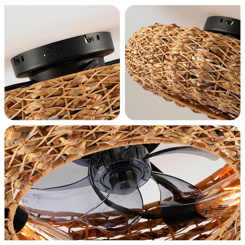 20 inch Flush Mount Ceiling Fan Light with Remote Caged Farmhouse Fandelier Black Wood Low Profile