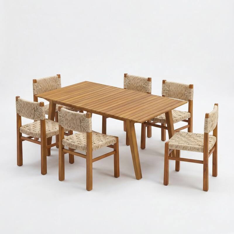 Christopher Knight Home - 7-Piece Rustic Acacia Wood Outdoor Dining Table Set with Wicker Woven Dining Chairs