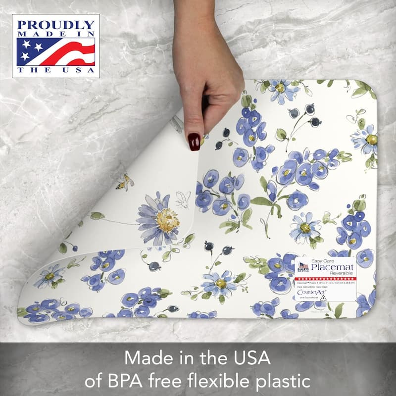 Lovely Blues 4 Pack Reversible Easy Care Flexible Plastic Placemats Made in The USA BPA Free PVC Free Easily Wipes Clean