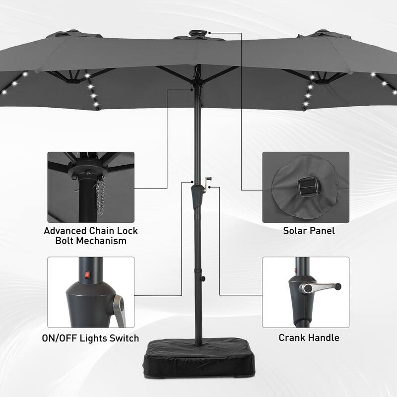 15ft Patio Umbrella Outdoor Market Umbrella with Base and LED Lights