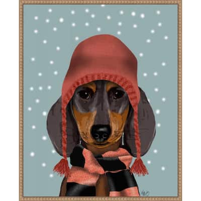 Dachshund With Woolly Hat and Scarf by Fab Funky (23 x 28 in.), Framed Canvas Wall Art Print - Sylvie Beaded Rustic Natural