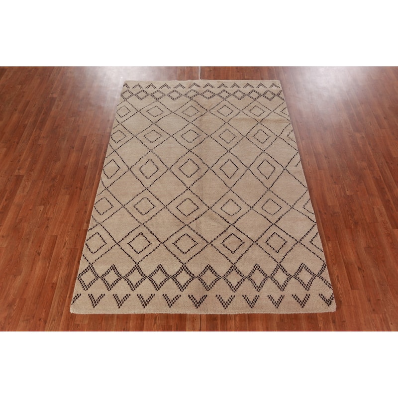 Hand Knotted Oriental 100% Wool Carpet Modern Geometric Beige & Ivories Moroccan Area Rug - 8' 0'' X 5' 0''