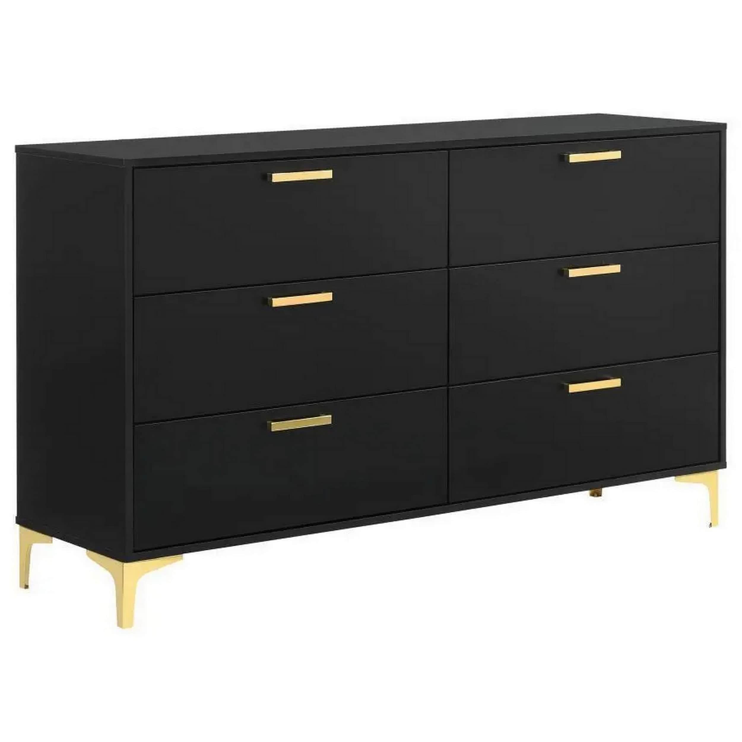 59 Inch Wood Dresser with 6 Drawers, L Shaped Legs, Modern Gold, Black
