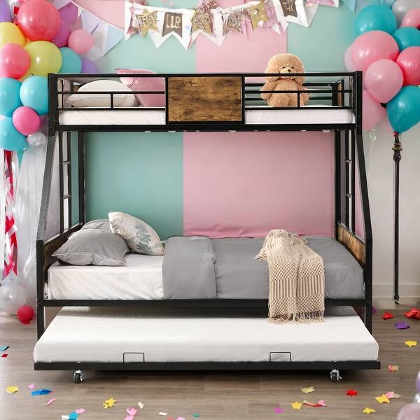 slide 2 of 6, Twin Over Full Metal Bunk Bed With Trundle 2 Side Ladder and Full-Length Guardrail For Bedroom Brown+Black