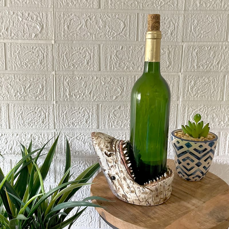 Distressed Wood Finish Resin Imitation Shark Wine Bottle Holder 7 Inches Long - 4.5 X 7 X 4 inches