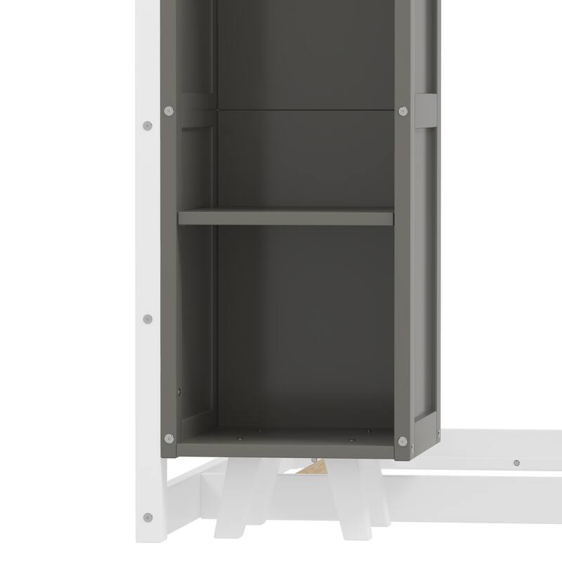 Wooden Twin Size Kids Floor Bed with Two Movable Wardrobes, Fence and Roof
