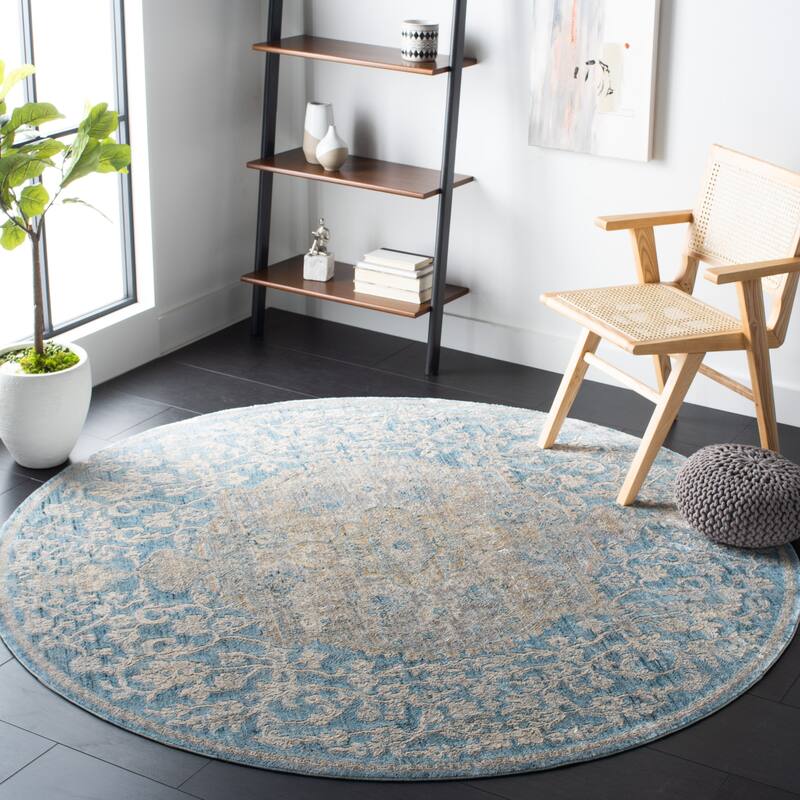 SAFAVIEH Dream Gobnait Vintage Abstract Polyester Rug - 6'7" Round - Blue/Grey