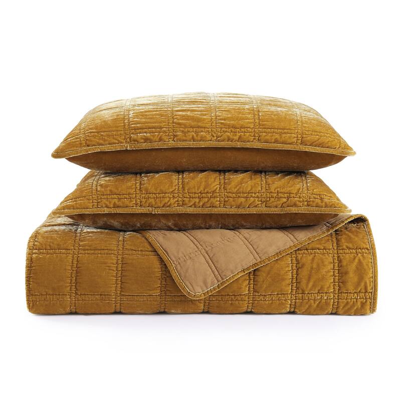 HiEnd Accents Stella Faux Silk Velvet Double Box Stitch Modern Rustic 3 Piece Quilt Set