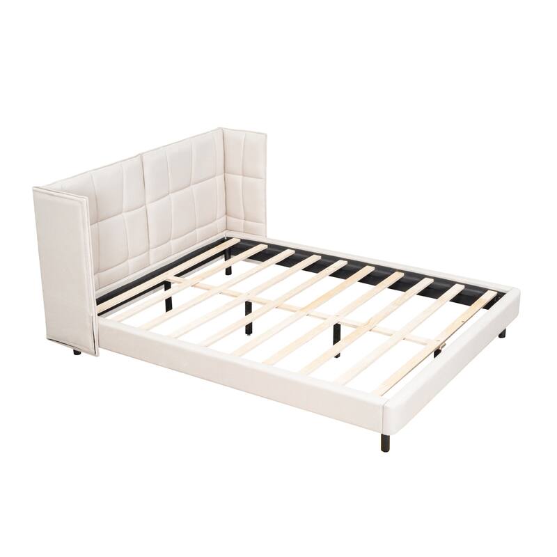 HomeRoots Beige Tufted Upholstered Queen Bed Frame With LED Lighting And USB