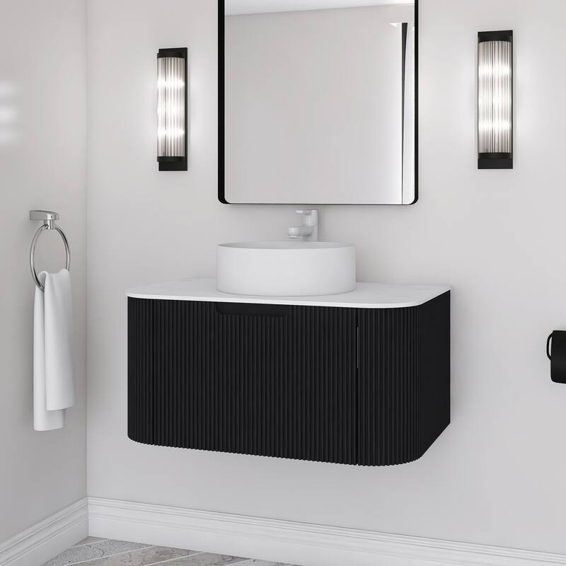 Wall-Mounted Bathroom Vanity with White Round Ceramic Sink - 29.92'' x 18.9'' x 19.33'' - Black