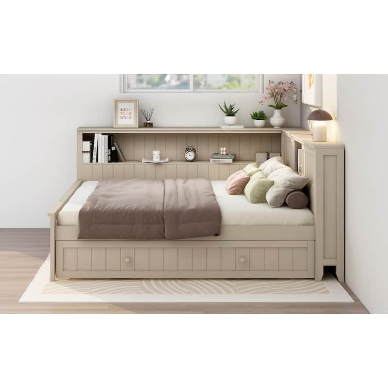 L-shape Bookcase Daybed Full Size Captains Bed with Pull-out Trundle Bed Antique White Milk Frame Sofa Bed Corner Platform Bed