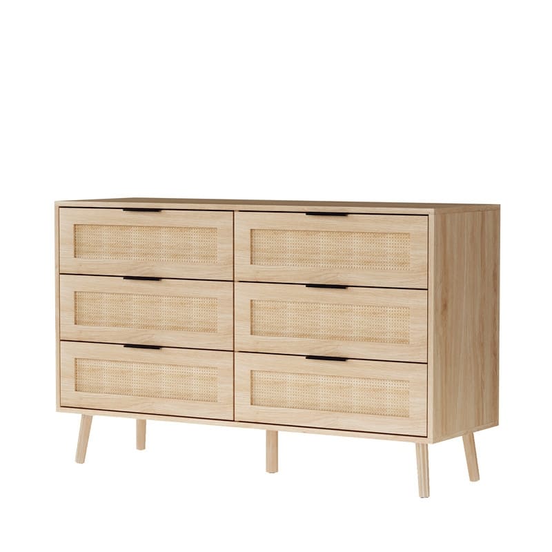 Oak 15MM P2 Density Board Solid Legs Real Rattan 47.2in 6-Drawer Cabinet