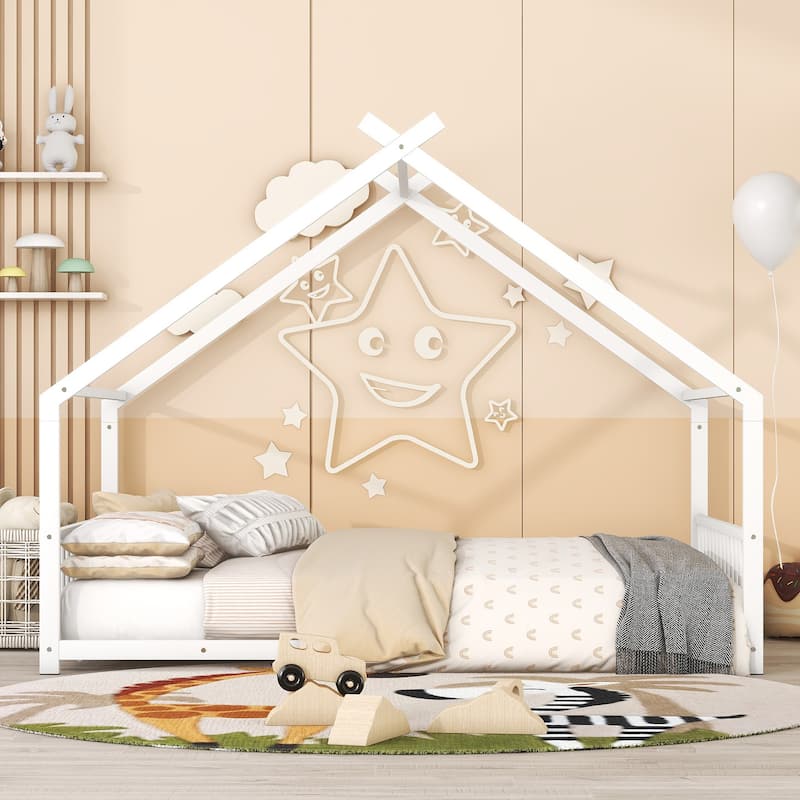 Metal House Bed with Roof, Fence, and Back