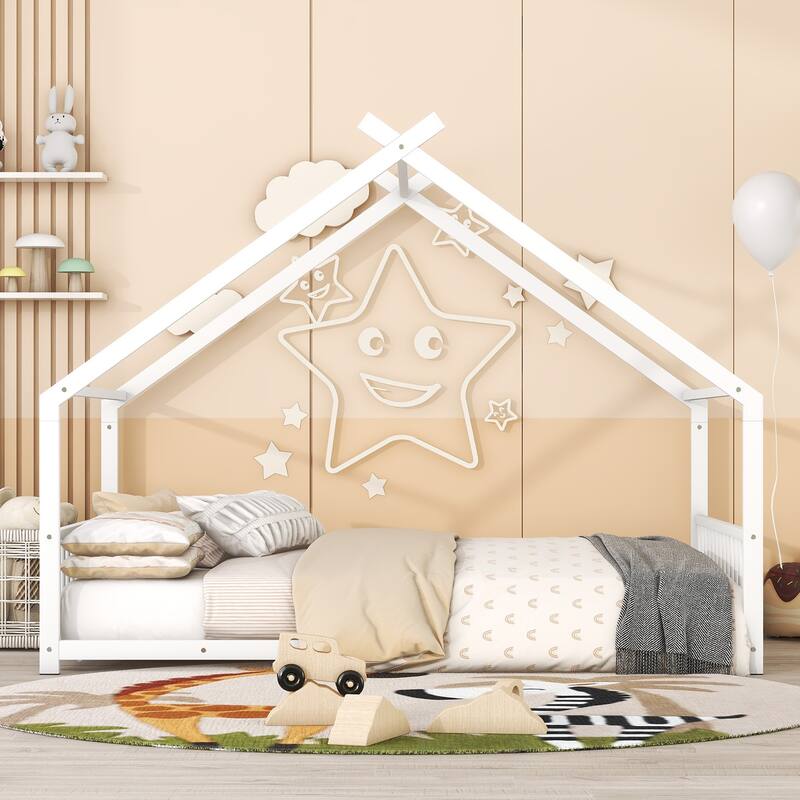 Twin/Full Size Montessori Floor Bed for Kids, Metal House Bed Frame w/Fence & Roof, Kids Playhouse Bed, Metal Platform Bedframe - White - Full