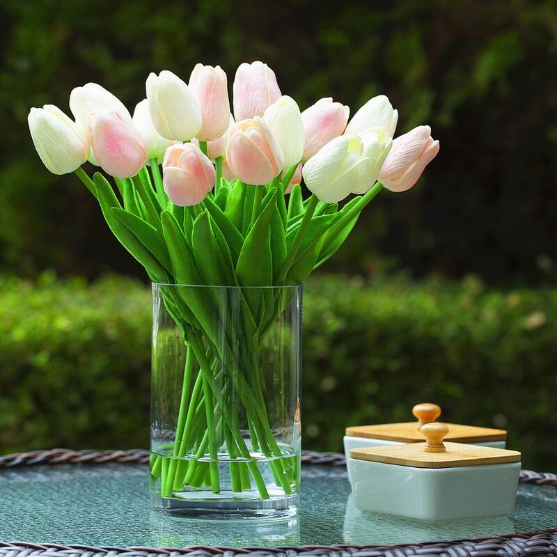 Enova Home 20 Pieces Artificial Real Touch Tulips Fake Silk Flowers Arrangement in Glass Vase with Faux Water for Home Decor
