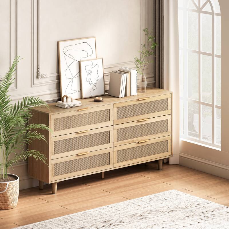 59.06"L 6-Drawers Rattan Storage Cabinet - Brown