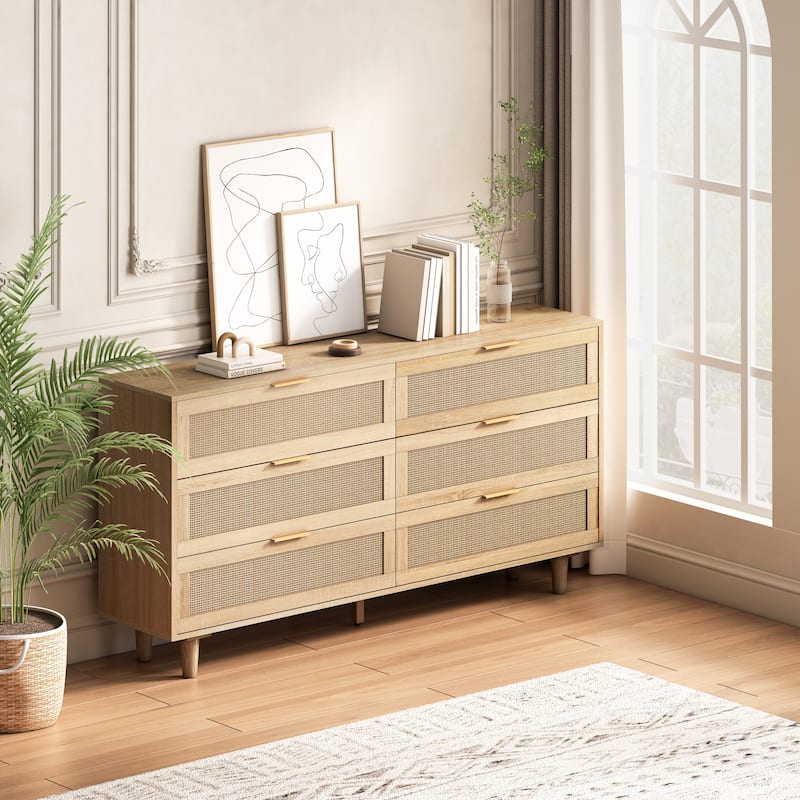 Wood Rattan Dresser with 6 Drawers, Modern Large Storage Cabinet