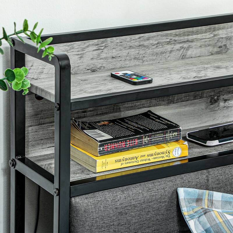 Upholstered Bed Frame with Storage Headboard,Charging Station