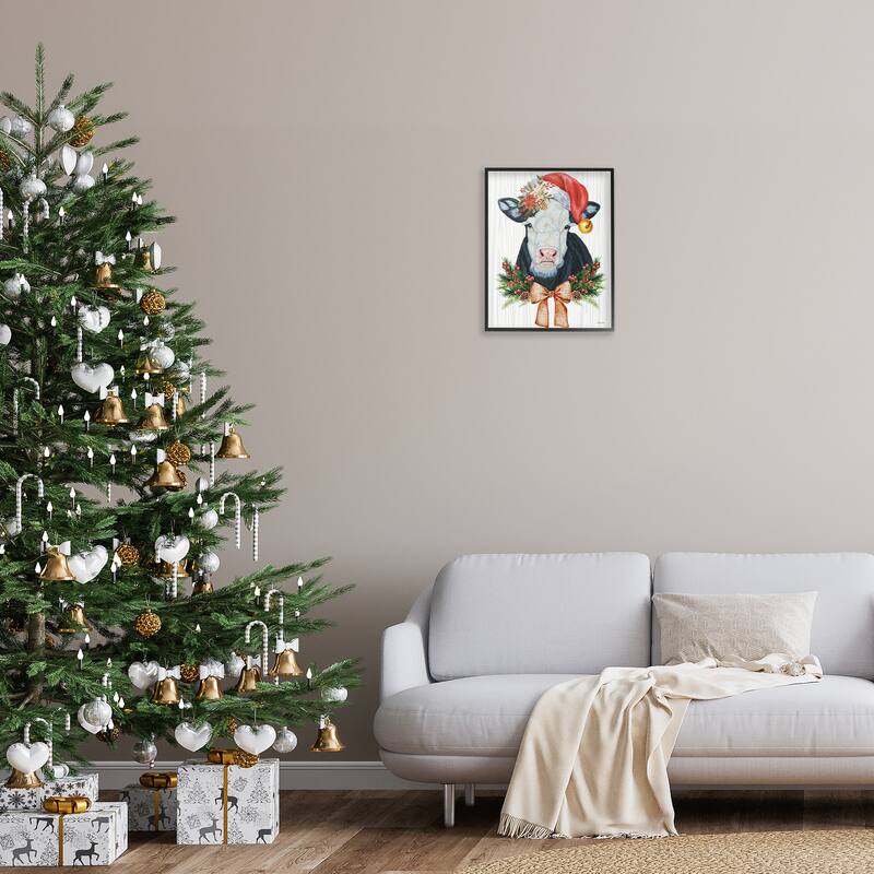 Stupell Festive Cow in Christmas Hat Framed Giclee Art Design By Ashley Justice